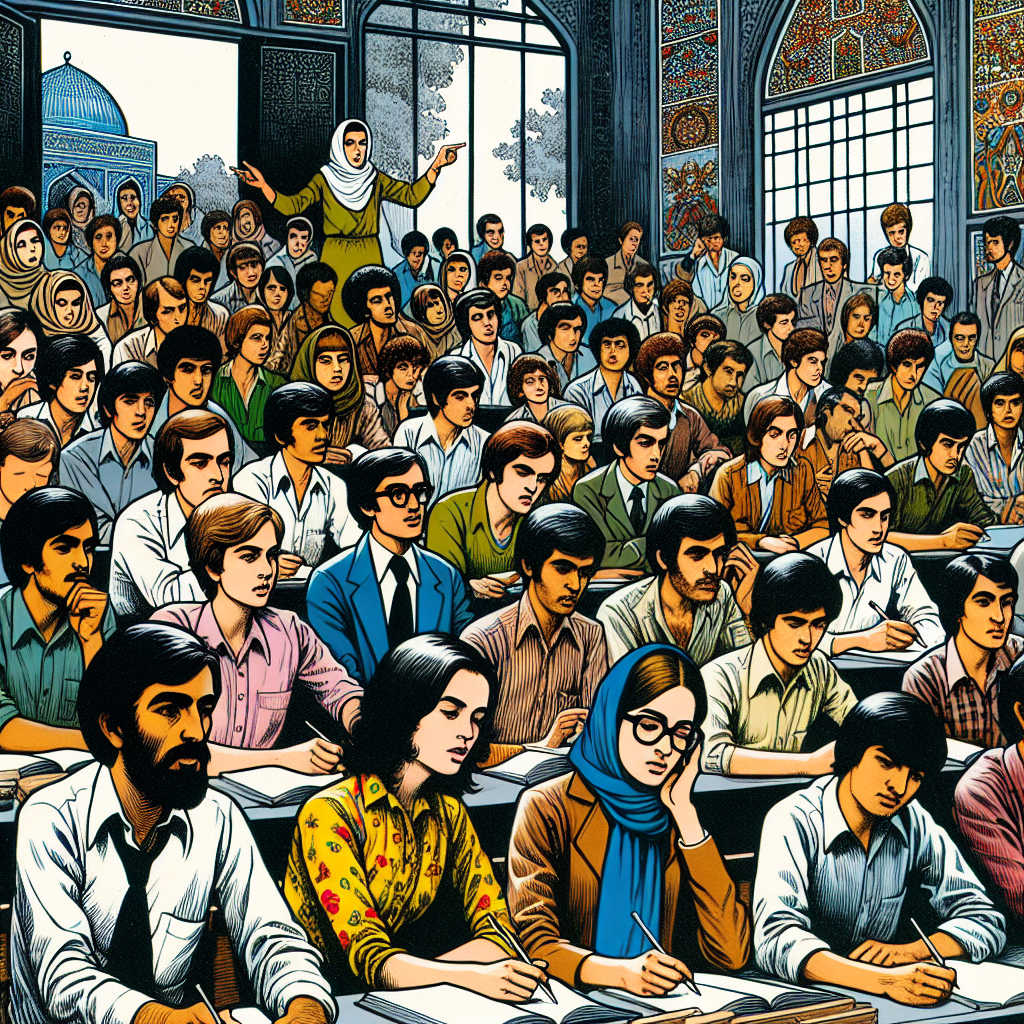 Students attending a lecture, University of Tehran, 1978